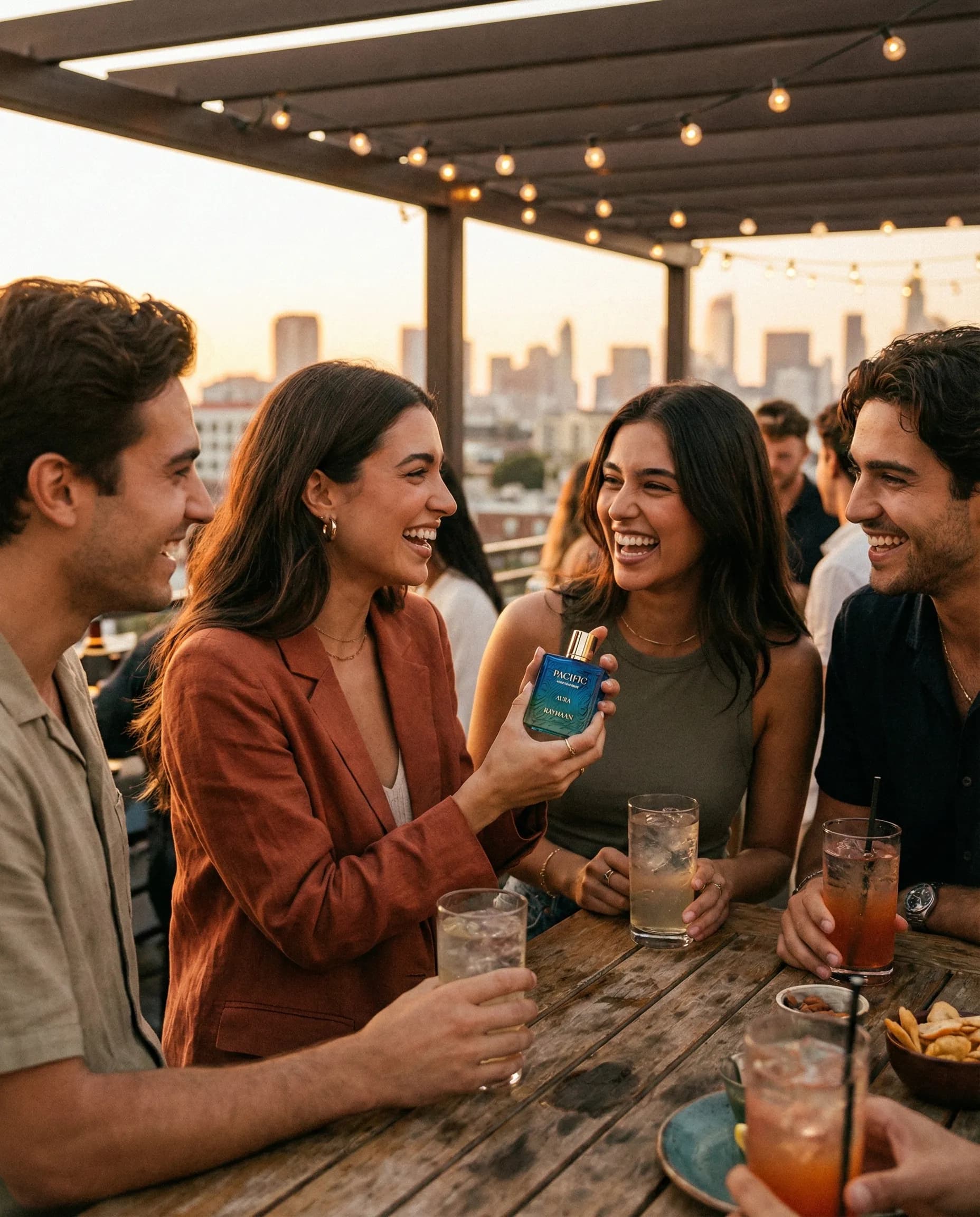 Nhóm bạn trẻ tại rooftop bar chia sẻ chai Pacific Aura trong buổi tối mùa hè