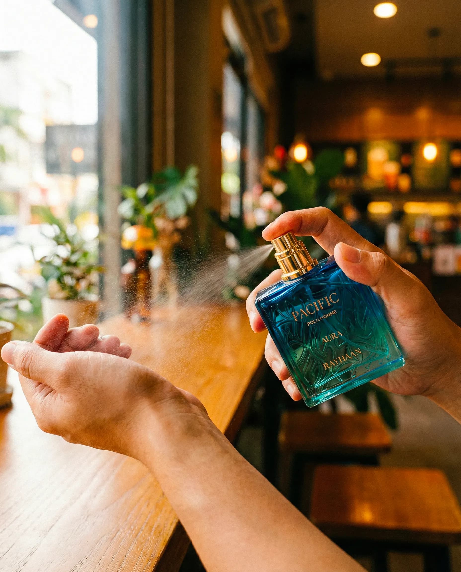 Pacific Aura trên bàn làm việc buổi chiều — nước hoa vẫn bám hương sau nhiều giờ